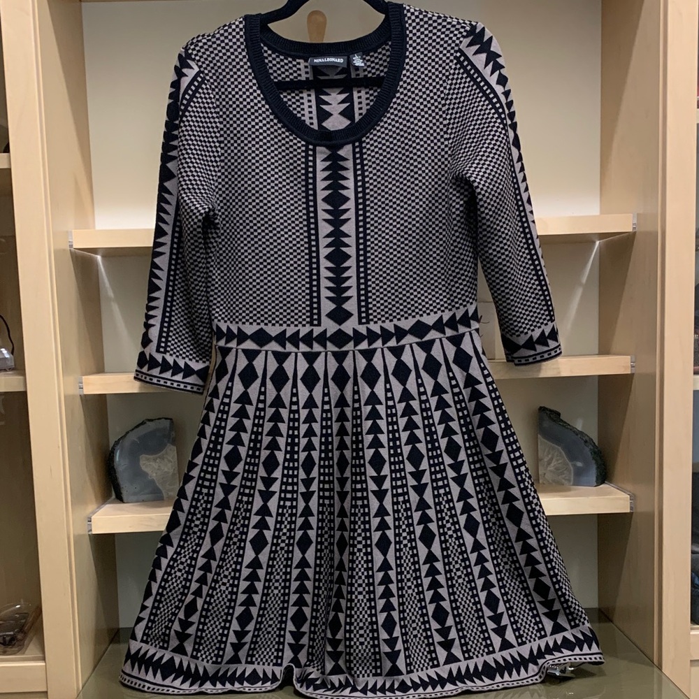 Nina Leonard Dress with Black and Gray Geometric Design